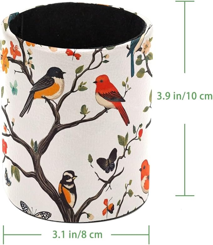 Leather Pen Holder for Desk, Colored Birds Flowers Trees Pencil Cup Desktop - Image 4