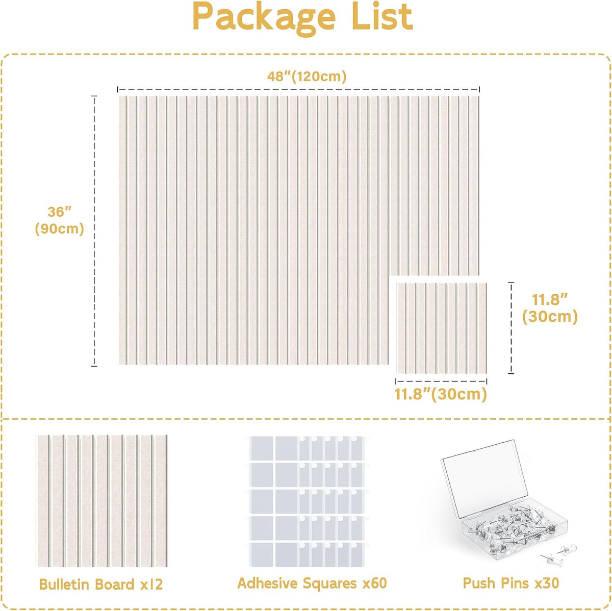 Large Cork Board for Walls Fine-Stripe Bulletin Board with 60 Adhesive Tabs