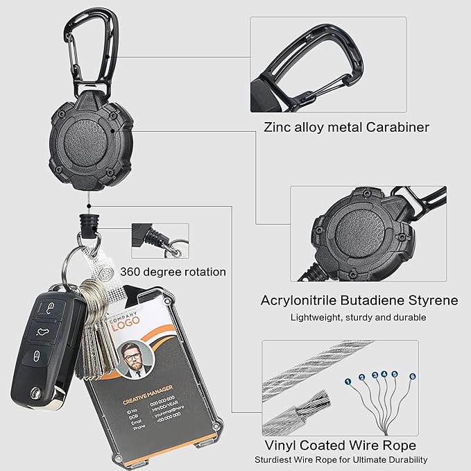 AIDSOTOU Badge Holder Retractable Clip Heavy Duty Carabiner Badge Reel Keychain - Image 7
