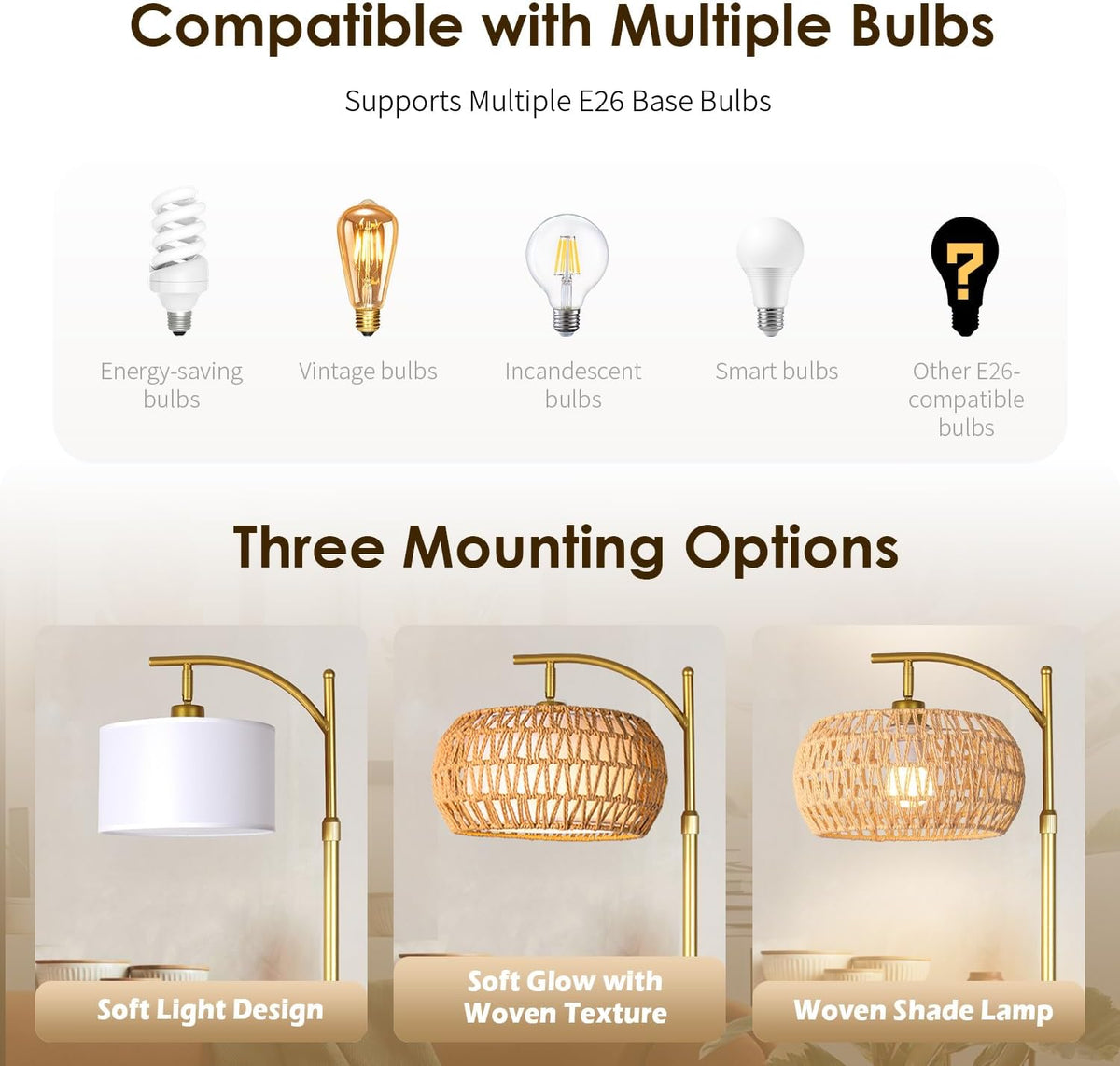 Gold Boho Rattan Floor Lamp w/Remote, Dimmable (2700K - 6000K), 2 - in - 1 Wi...