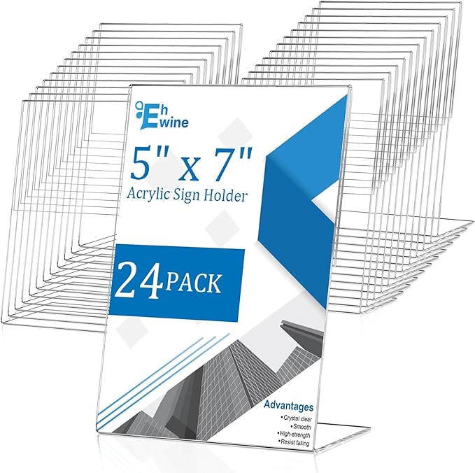 EHWINE 24 Pack 5 x 7 Acrylic Sign Holder, Vertical Slanted Back Paper Holder by EHWINE