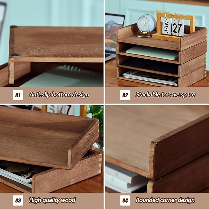 Yeaqee 4 Pcs Stackable Paper Organizer Tray Wood Desk Organizer Letter Tray - Image 4