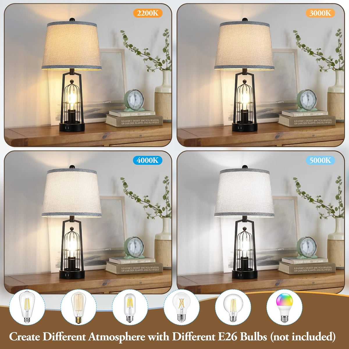 Farmhouse Table Lamps with 2 USB Ports, Set of 2 Rustic Industrial Desk Lamp ...