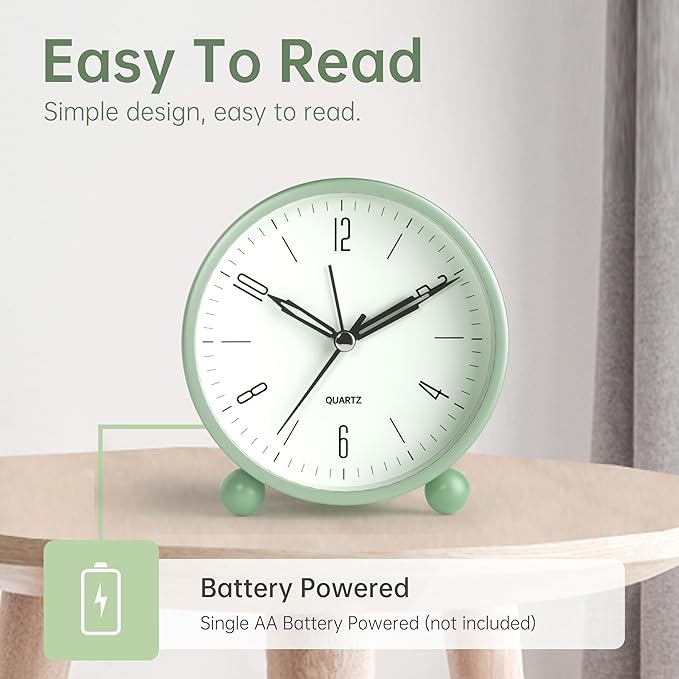 Analog Alarm Clock, 4 inch Super Silent Non Ticking Small Clock - Image 3