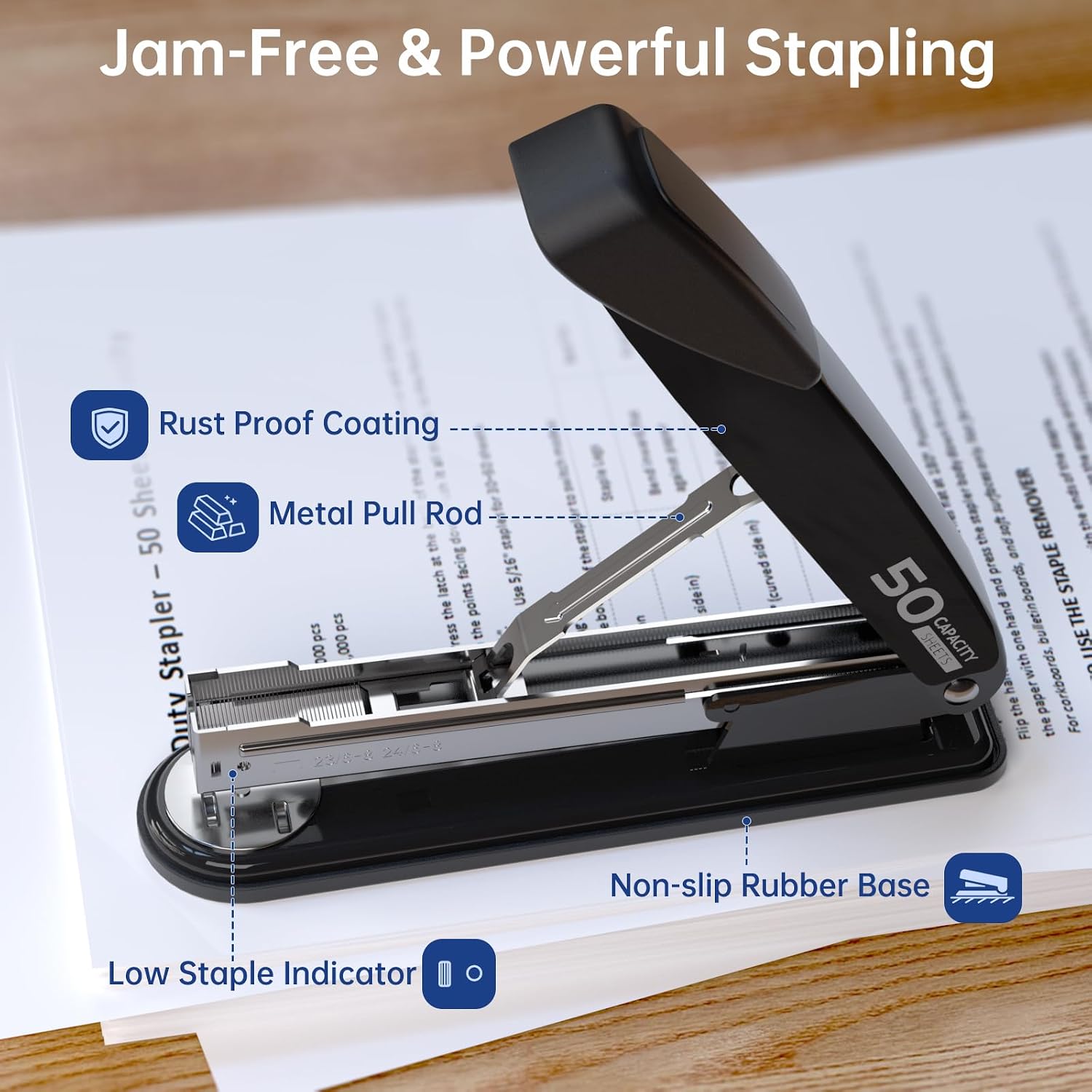 Metal Stapler Heavy Duty - 50 Sheet Capacity with 2000 Pieces 1/4", 5/16" Staples and Staple Remover, No Jam, Non-Slip, Stapler Heavy Duty for Desk, Classroom and Office, Black