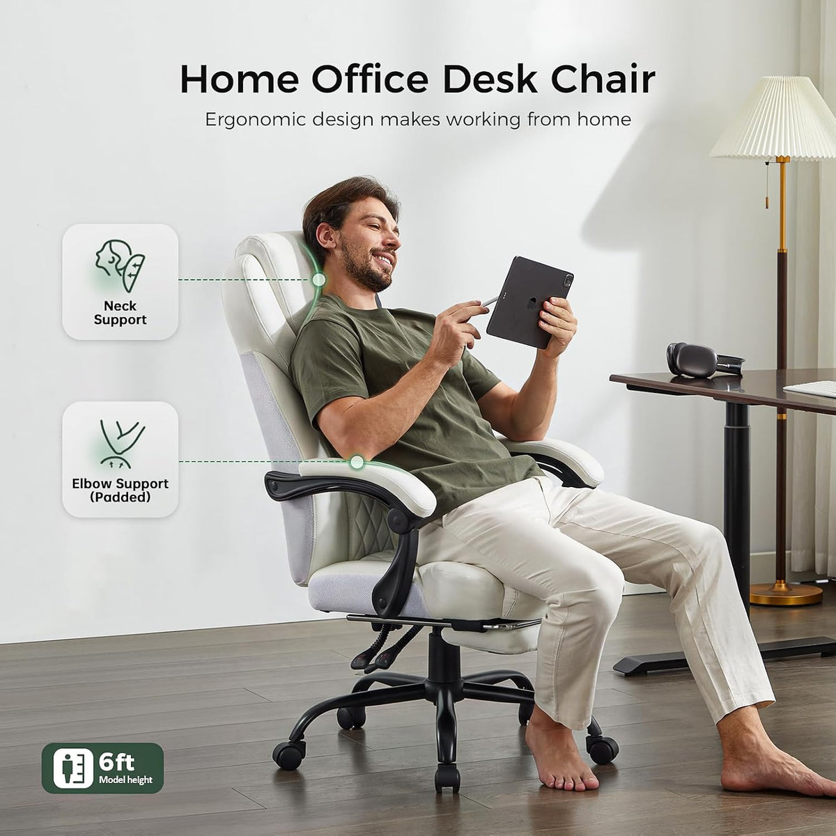 amseatec Big and Tall Office Chair with Footrest, Lumbar Support, White