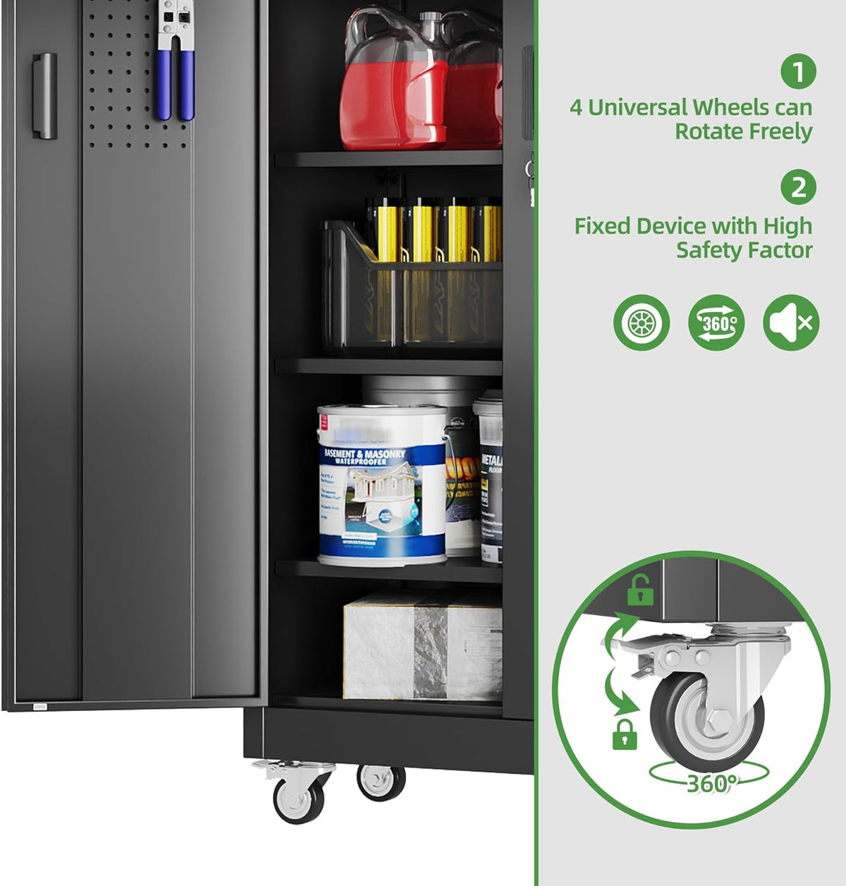 reemoon 5 adjustable 170 lb shelves, lockable doors, front angle view
