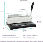 binditek binding machine, punch 12 sheets, 450 sheets showing dimensions