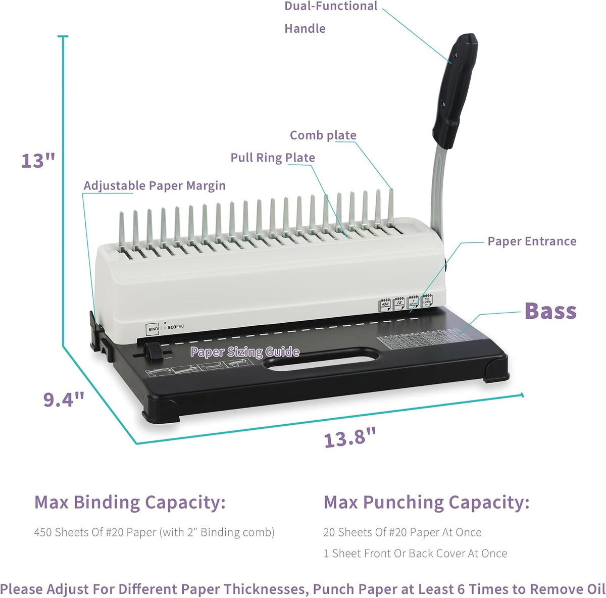 binditek binding machine, punch 12 sheets, 450 sheets showing dimensions