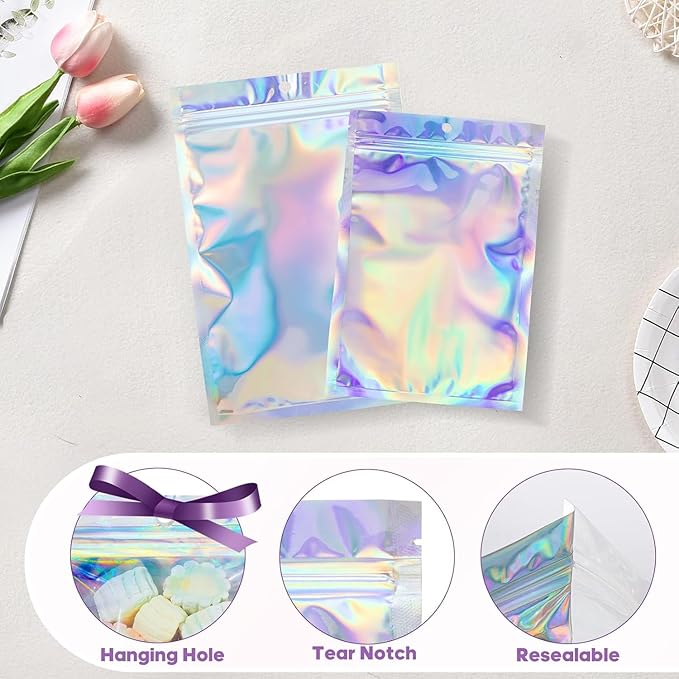 100Pcs Holographic Packaging Bags, 2.7x3.9 inch Resealable Foil Pouch Mylar - Image 6