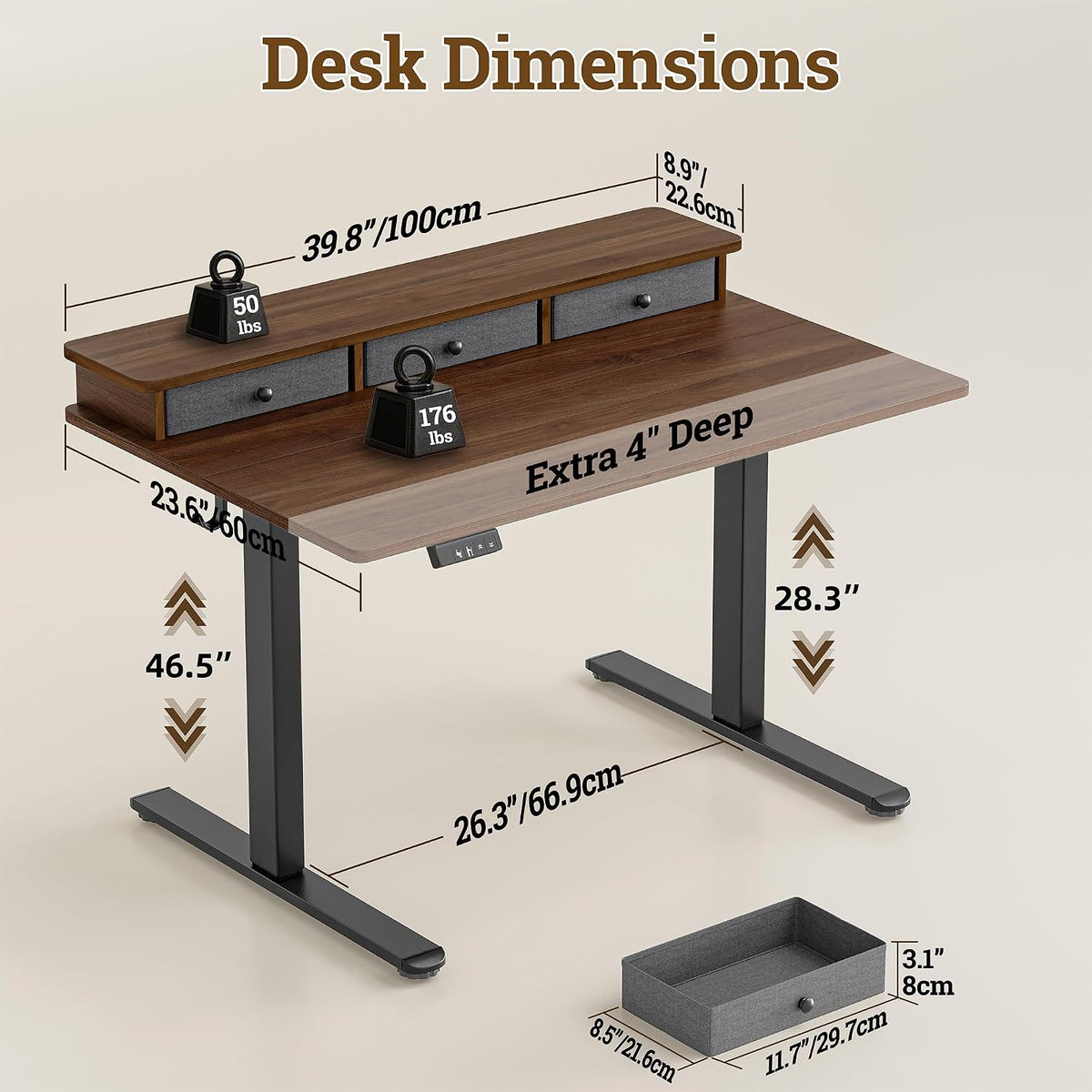 TIQLAB Small Standing Desk with 3 Drawers, 40" Computer Desk Vanity, Walnut