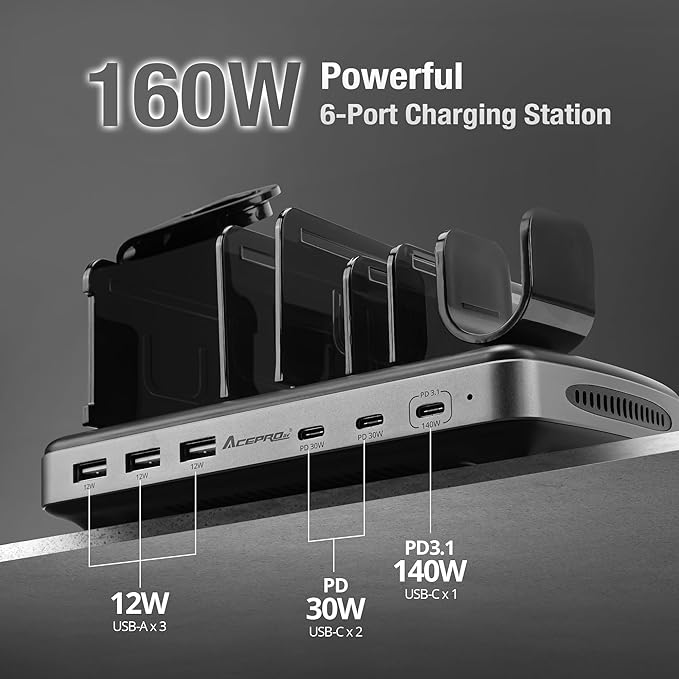 AceProAV 160W 6-Port USB-C and USB-A Charging Station Organizer - Image 3