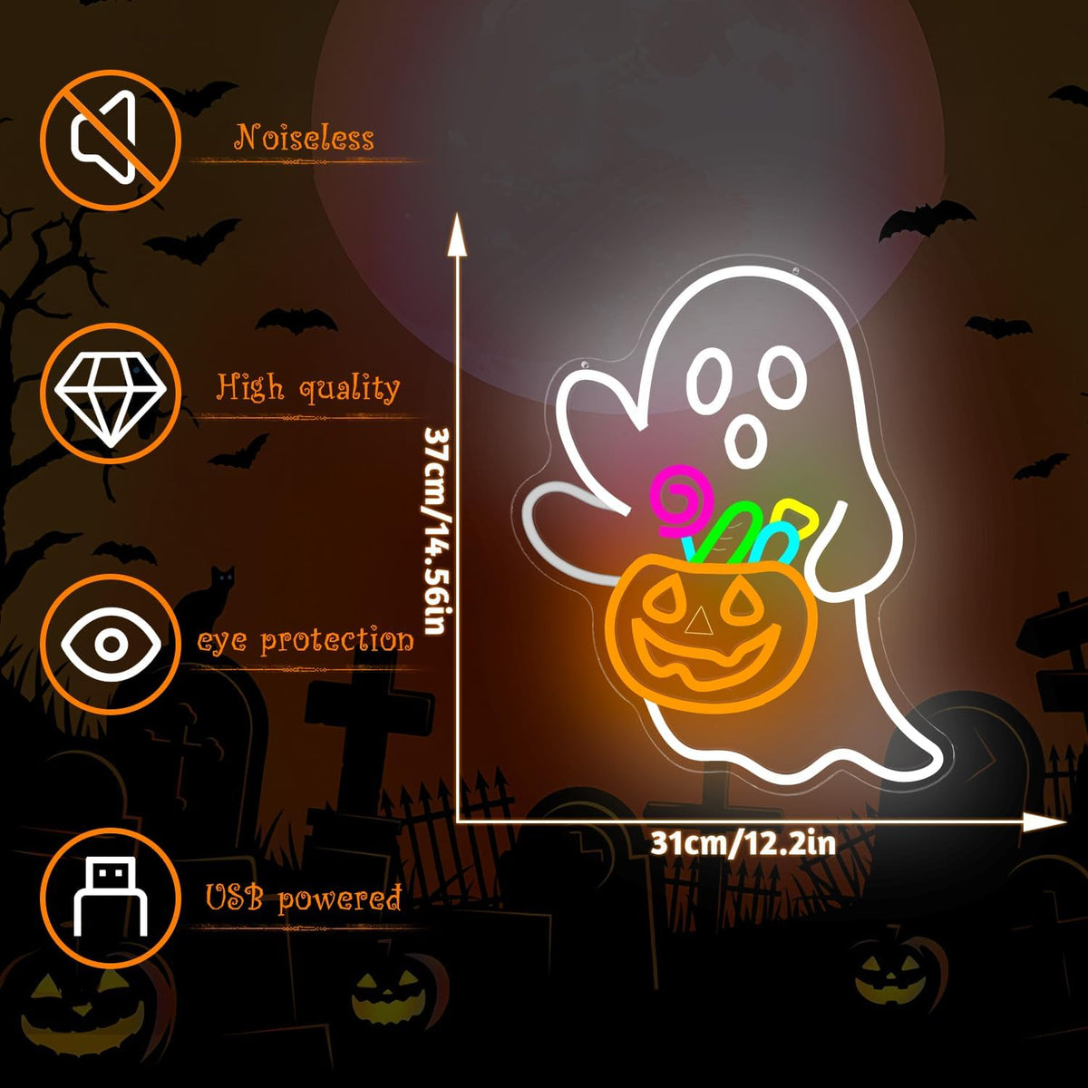 Waving Ghost Pumpkin Candy Basket Halloween Neon Sign Dimmable LED Decor