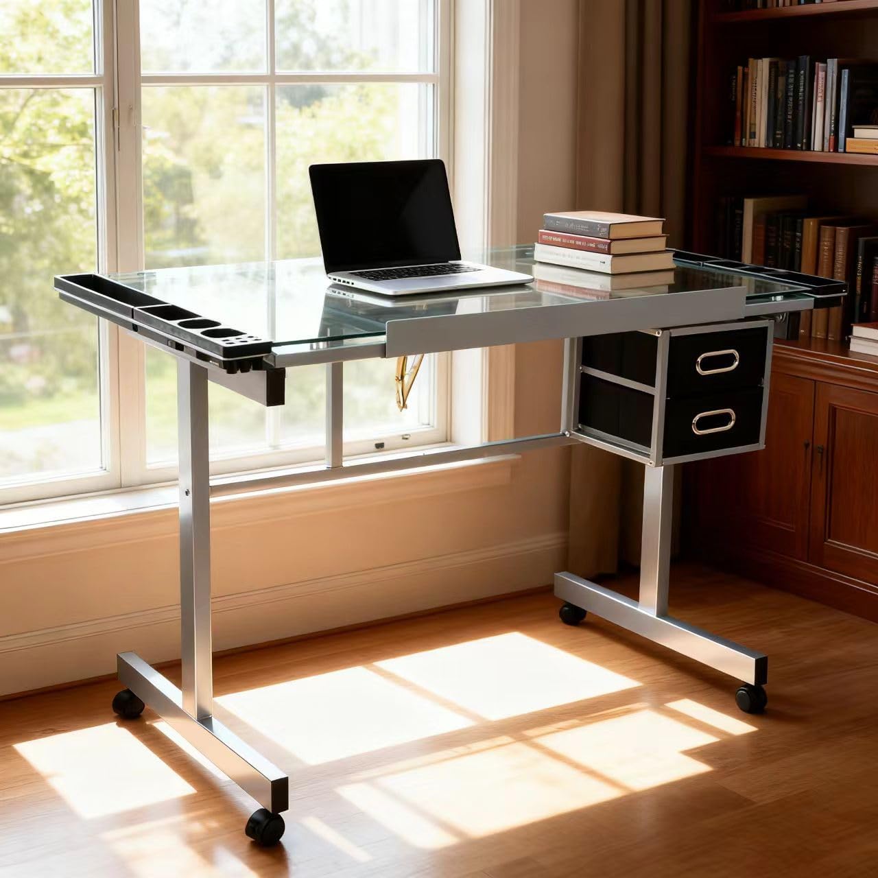 ZENY Drafting Table on Wheels with Storage Drawers, Adjustable Glass Tabletop, Craft Table Drawing Desk Artist Hobby Table for Painting, Drawing, Crafting | Mobile Rolling Drawing Desk with Adjustable Tilting Glass Top, Storage Drawers, Art Craft