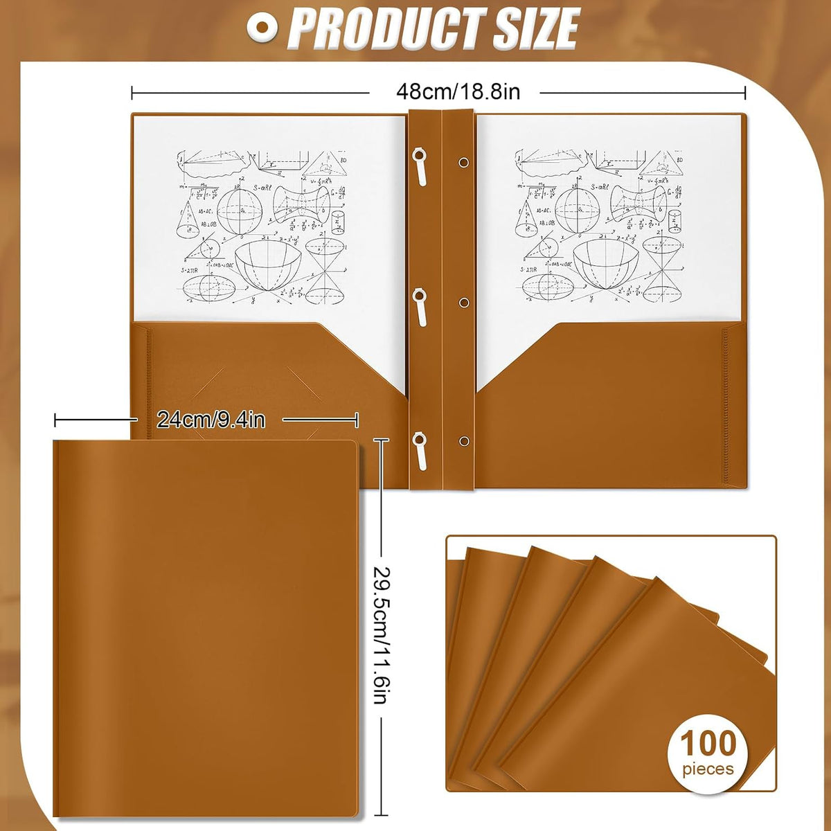 Lincia 100 Pcs Plastic Folders with 3 Prong Fasteners, Brown