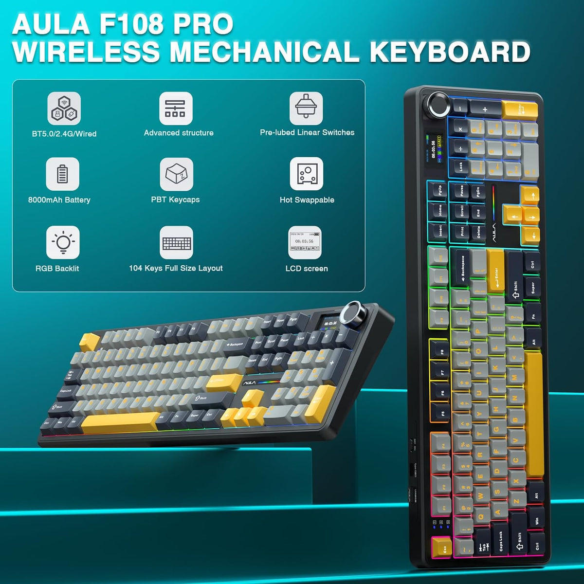 AULA F108 PRO - Wireless Mechanical Keyboard with Screen&Knob,Hot Swappab...