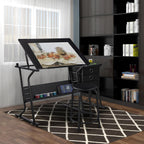 Yaheetech Tilting Drafting Table Art Craft Desk with Stool, Drawers, Black | Steel frame and MDF top adjusts 0-40° for drawing or diamond painting; 3 drawers and shelf organize supplies in small spaces.
