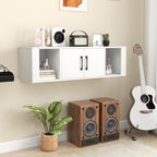SIMOE Wall Mounted Media Storage Cabinet, Floating Hanging Desk Hutch with Doors and 2 Open Shelves, Floating Console Hutch for Bathroom, Kitchen, Living Room,White, 13" D x 42.5" W x 12" H