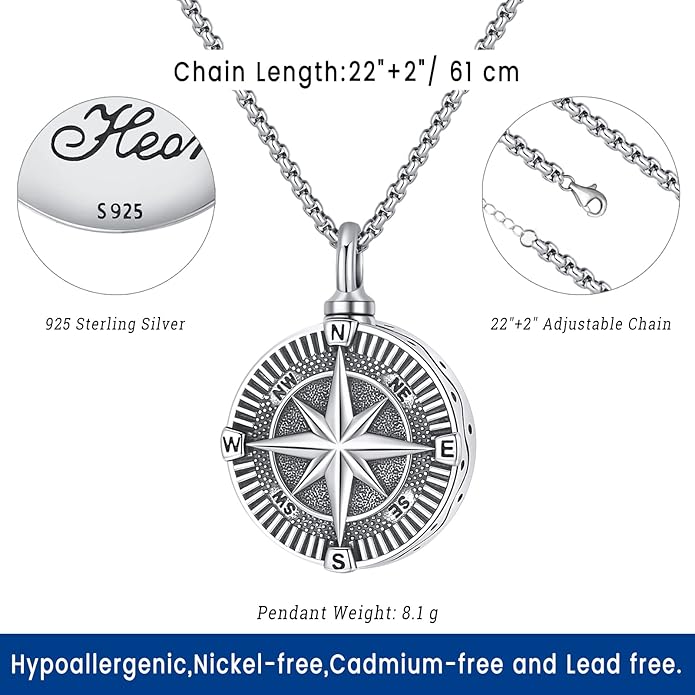 Compass Necklace for Women Men 925 Sterling Silver Pendant Urn Necklaces for - Image 4