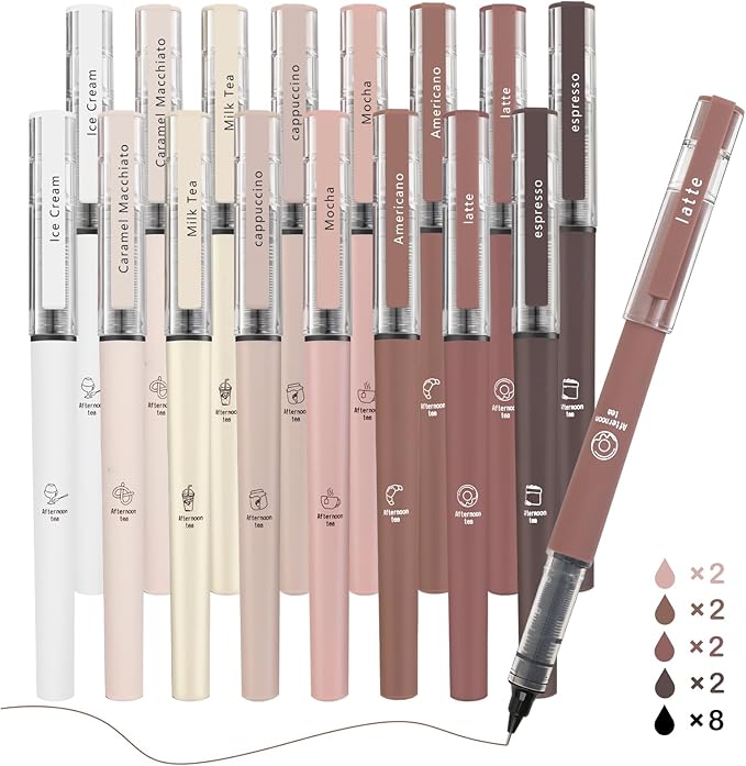 FUNFULL 16pcs Quick Dry Coffee Ink Rollerball Pens, 0.5mm Fine Point Colored by FUNFULL
