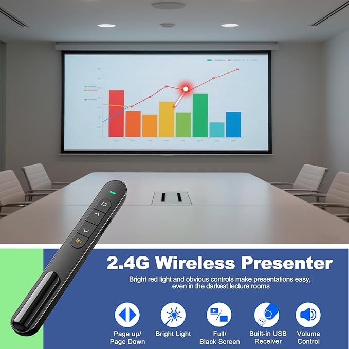 QUI Presentation Clicker for PowerPoint, RF 2.4GHz USB Wireless Presenter Remote - Image 2