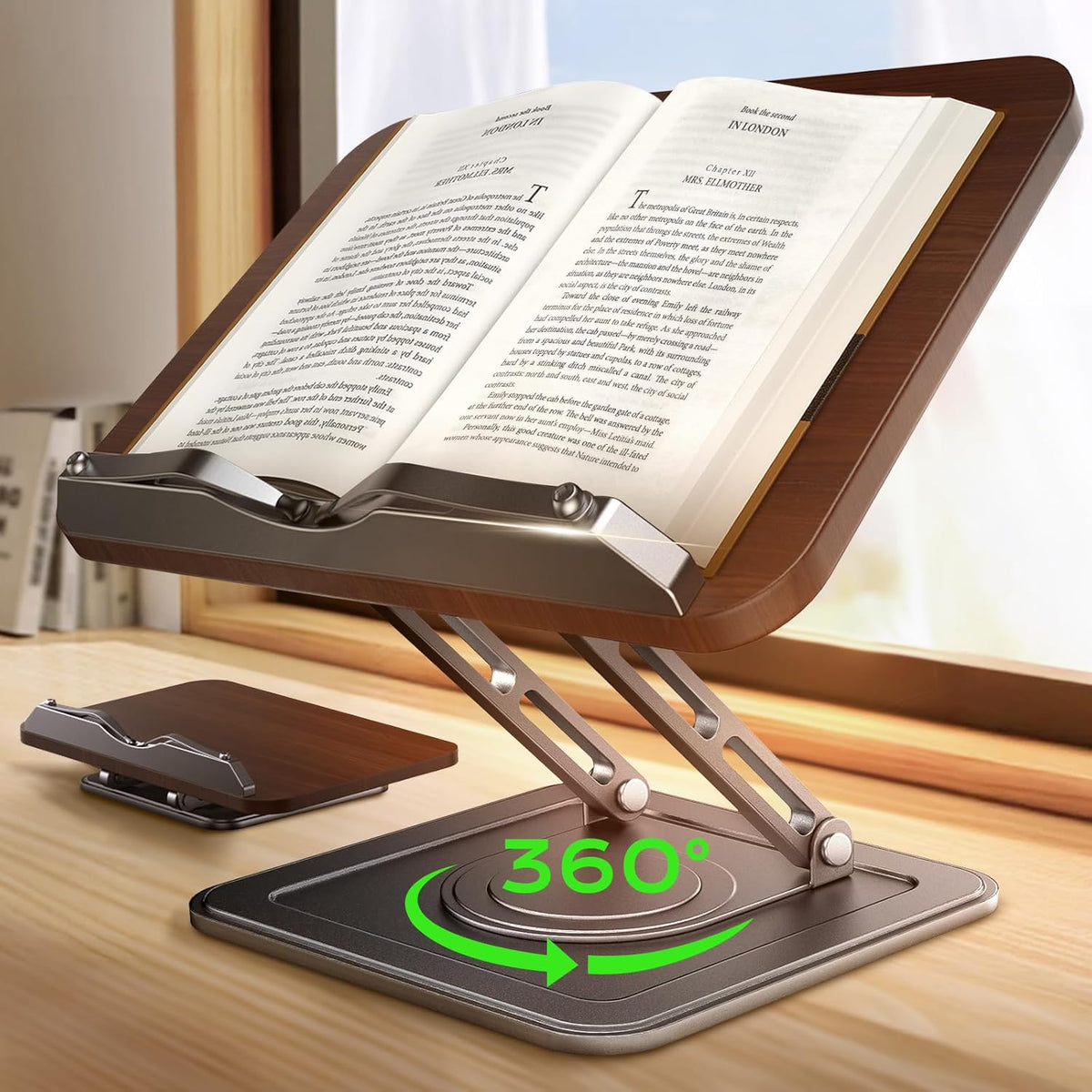 LOXP Book Stand for Reading, 360° Rotating Holder with Page Clip, Ergonomic
