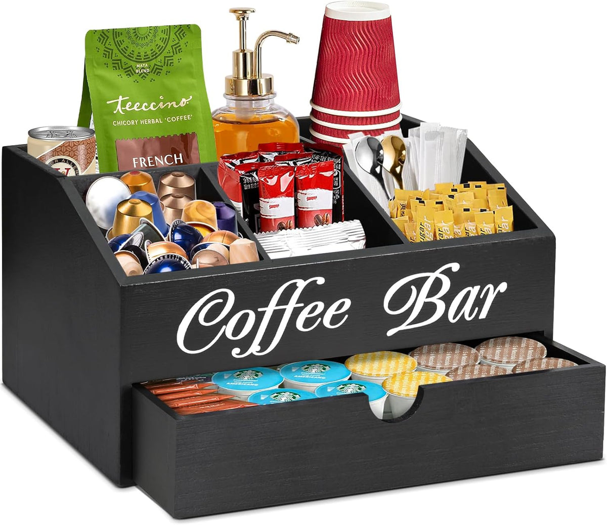 Coffee Bar Organizer Countertop, Wooden Bar Accessories With Drawer, Coffee S...