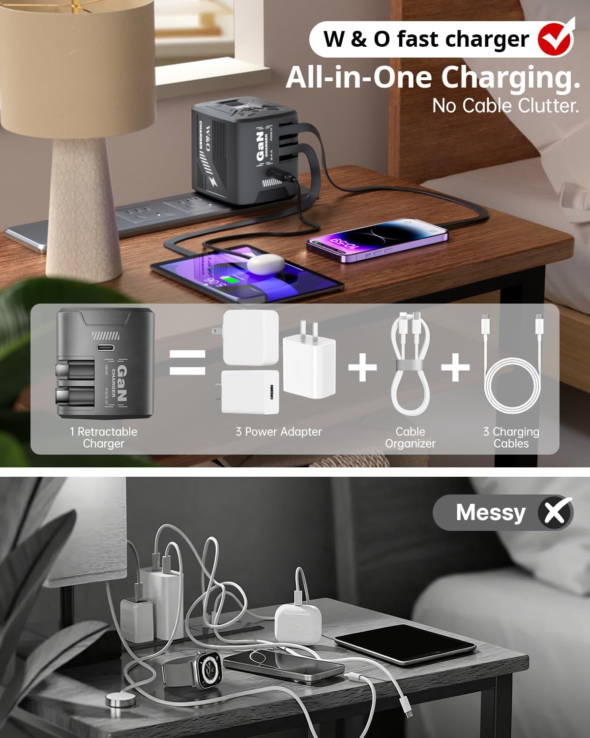 W & O 60W Gan Fast Charger Wall Plug, Built-in Retractable USB-C & L ...