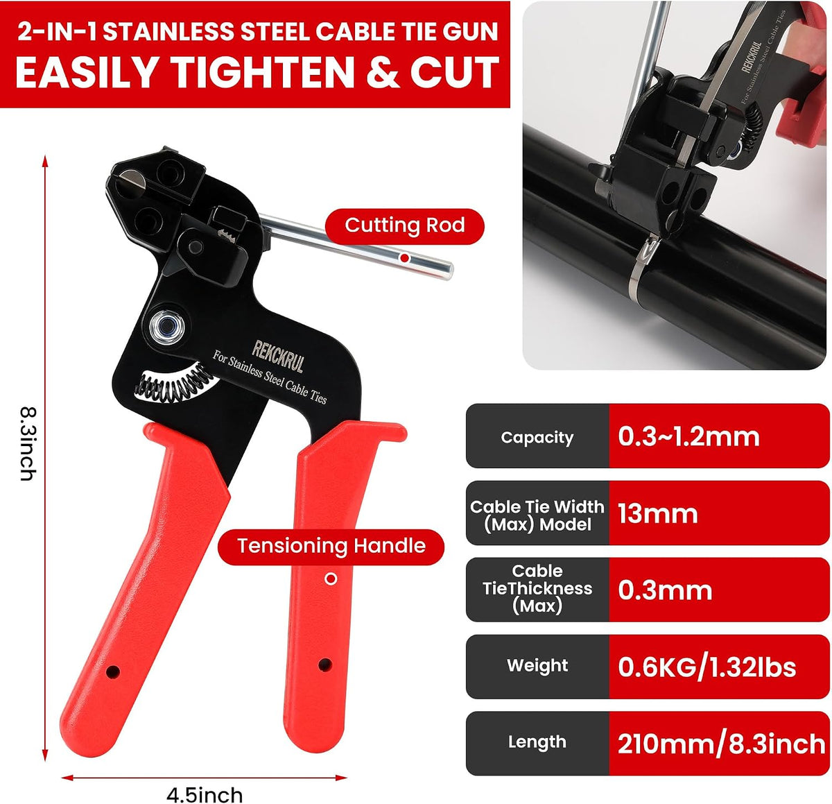 Stainless Steel Cable Tie Gun Set Metal Zip Tie Tool Kit (Red)