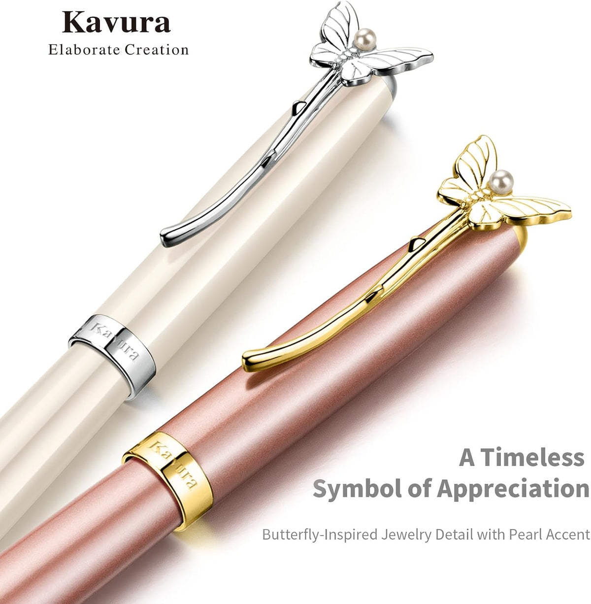 Butterfly & Pearl Rollerball Pen Gift Set for Women，Pearl White