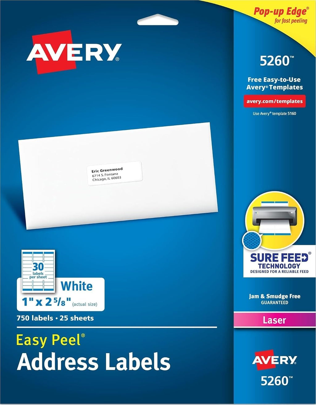 Avery Easy Peel Printable Address Labels with Sure Feed, 1" x 2-5/8" Customizable Stickers, White, 750 Blank Mailing Labels, Great for Mailing, Shipping, and More (5260)