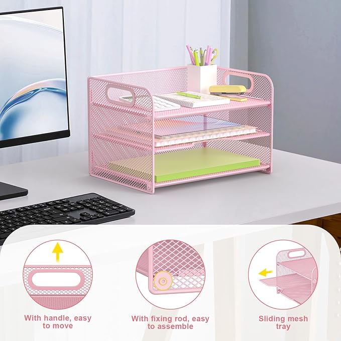 Samstar 3 Tier Pink Letter Tray Paper Organizer - Image 3