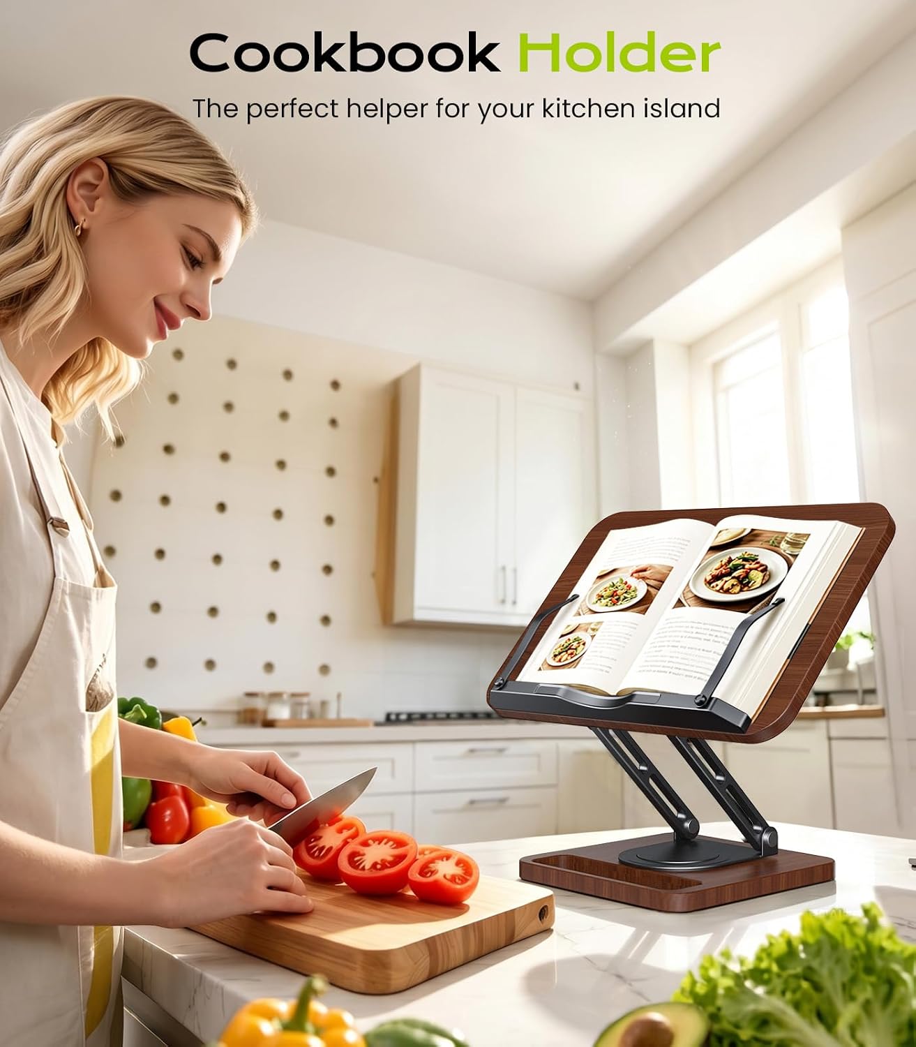 LOXP Book Stand with Storage, 360° Rotating Cookbook Stand, Ergonomic | Adjustable height angle,Hands-free, anti-slip base, Elastic Page Clips for Laptop Tablet, Foldable for Kitchen School
