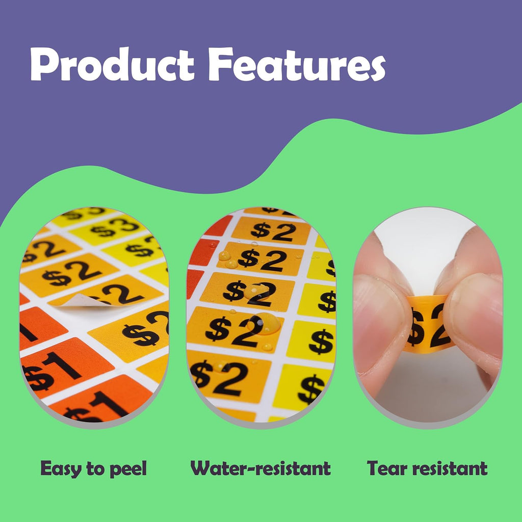 YSHIHE Garage Sale Price Stickers,2250 Pcs Preprinted Removable Labels | 1/2" x 3/4" Rectangle Bright Neon Colors Pre-Priced Price Tag Labels for Yard Sale and Flea Market