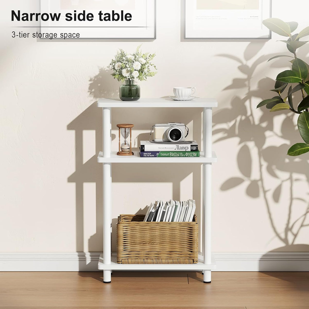 Apicizon Small Narrow Side Table, 3-Tier Skinny End Table, White