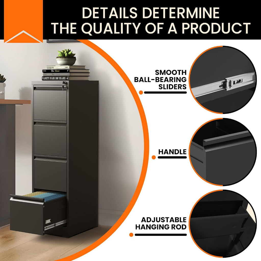 4 drawer file cabinet with lock,vertical filing storage, front angle view