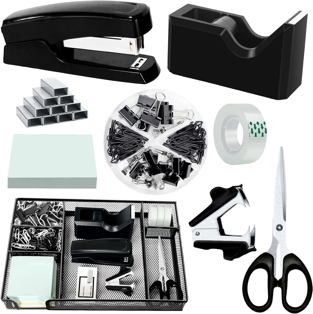 black desk organizer set, office supplies with stapler, main product view