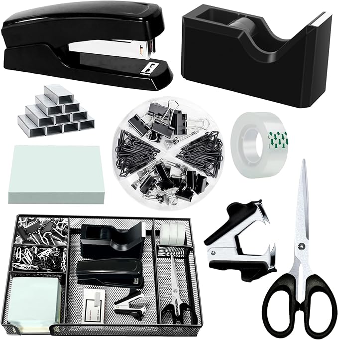 Black Office Desk Accessories, Desk Drawer Organizer, Stapler and Tape by Unknown