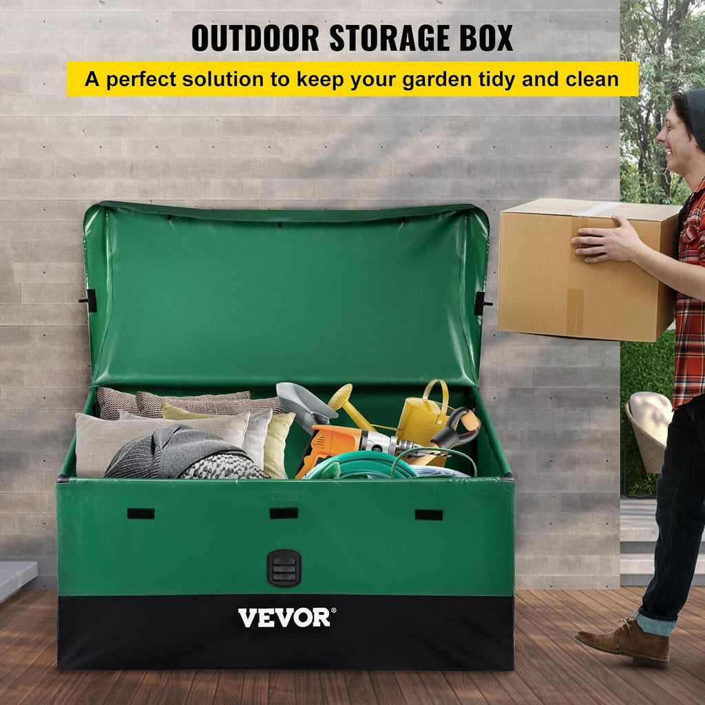 vevor outdoor storage box, 150 gallon waterproof pe shown in use
