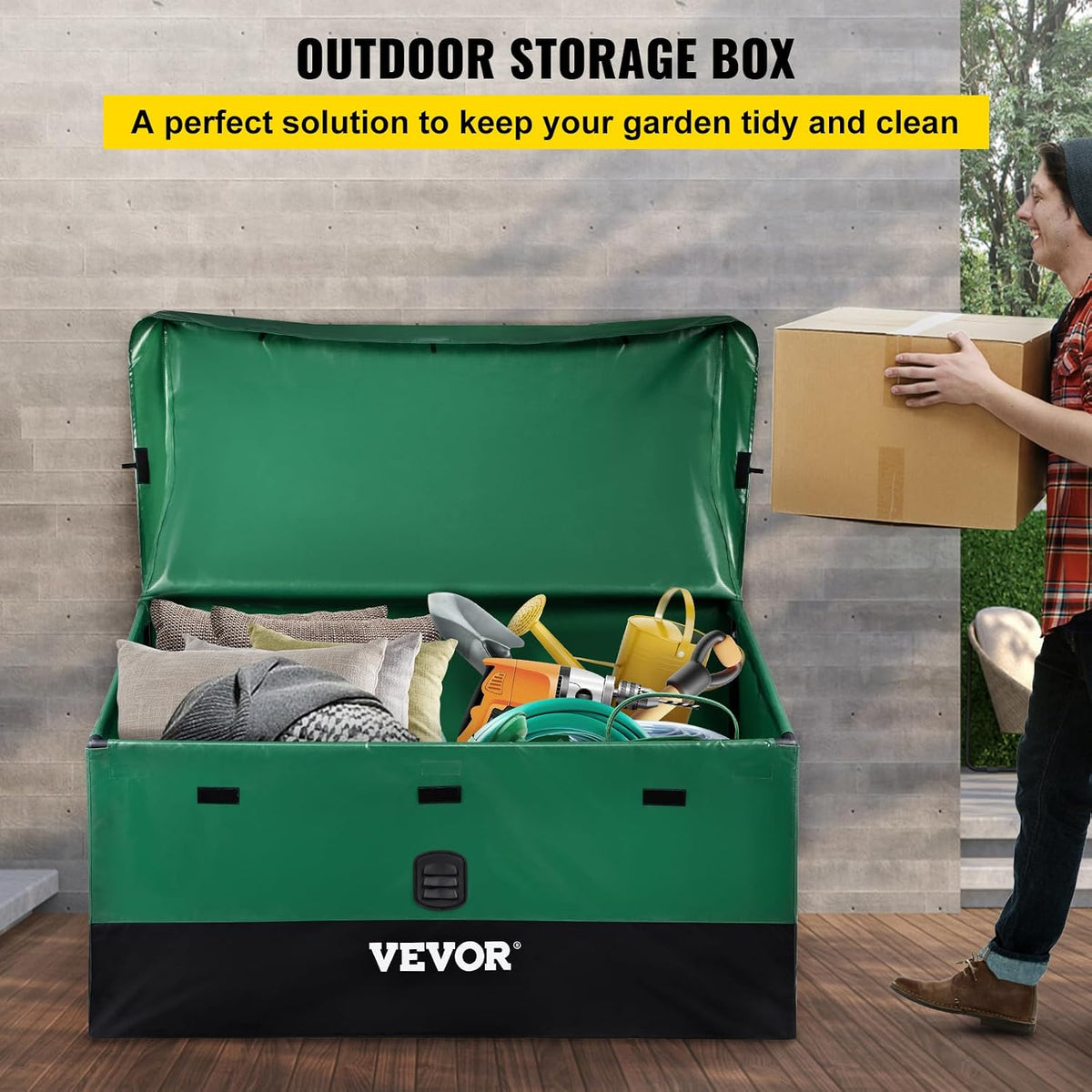 vevor outdoor storage box, 150 gallon waterproof pe shown in use