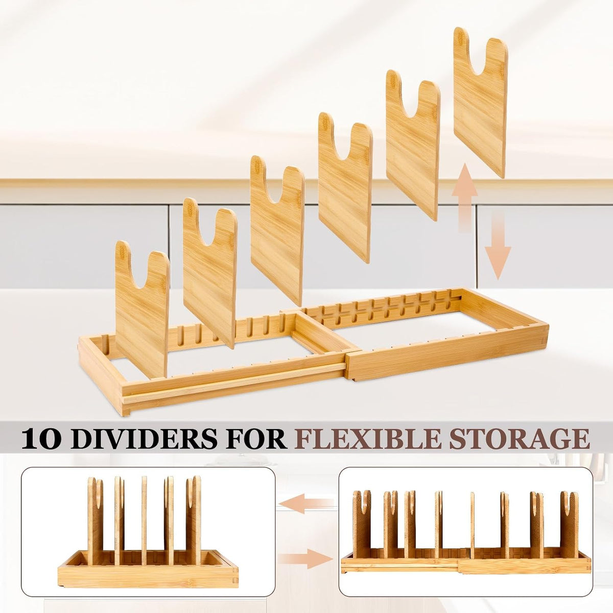 Bamboo Expandable Pot Lid Organizer, Pots and Pans Holder Rack for Cabinet