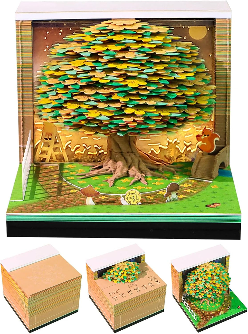 3D Time Piece Calendar, 2027 Desk Calendar With LED Light, 3d Tree Memo Pad Creative Desk Calendar, Christmas Gift for Colleague Friend, Desktop Decoration (Osmanthus Tree)