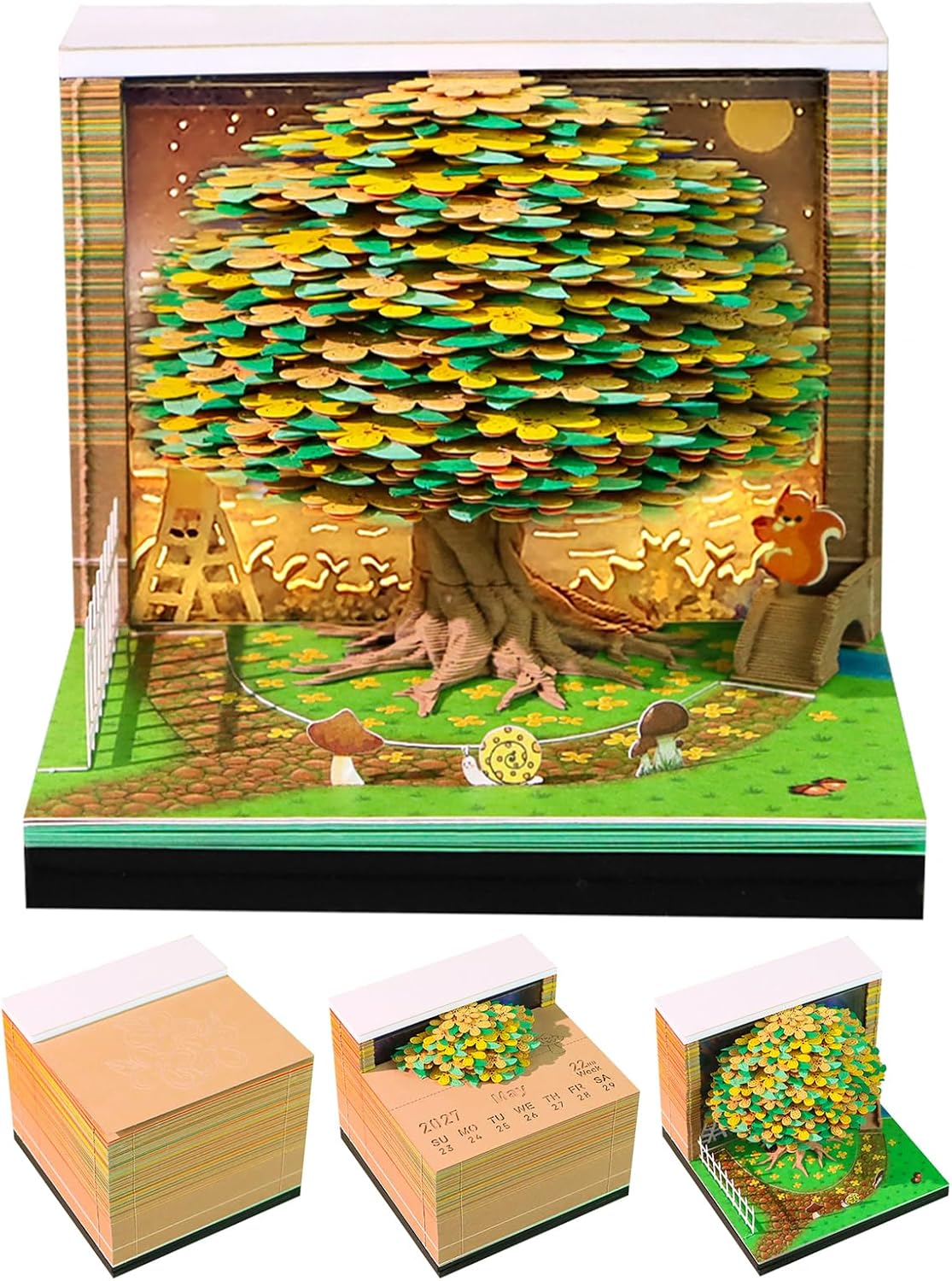 3D Time Piece Calendar, 2027 Desk Calendar With LED Light, 3d Tree Memo Pad Creative Desk Calendar, Christmas Gift for Colleague Friend, Desktop Decoration (Osmanthus Tree)