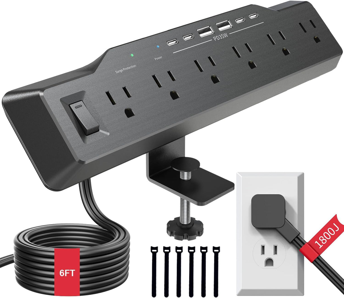 Desk Clamp Power Strip Surge Protector, 6 Outlets, Flat Plug, 1800J, 4 USB-C ...