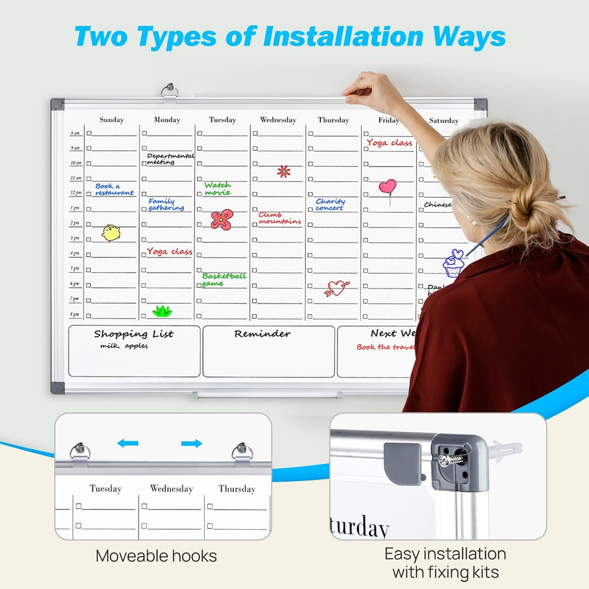 ONAVIA Weekly Calendar Whiteboard, Dry Erase Board for Wall 36 x 24