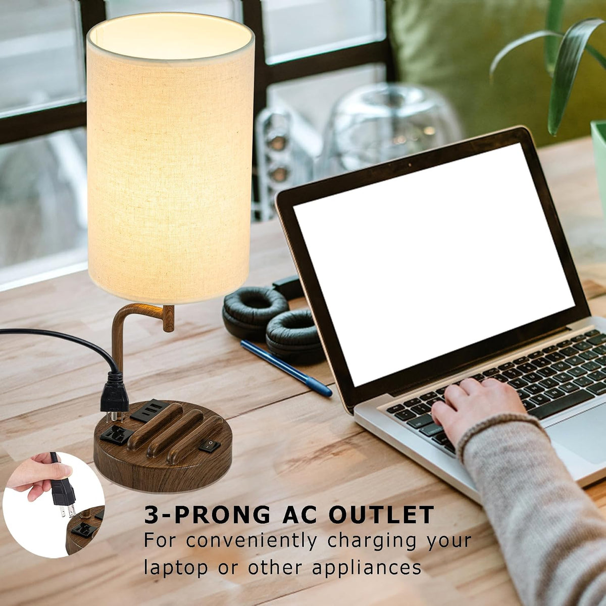 Dreamholder Table Lamp with 3 USB Charging Ports, Modern Desk Lamp with AC Ou...
