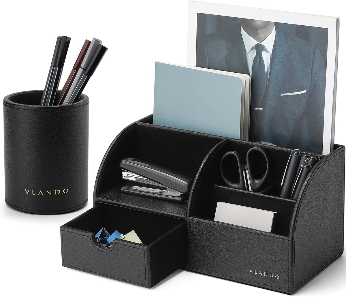 VLANDO Office Desk Organizer Leather Desktop Organizer Caddy with Drawer for ...