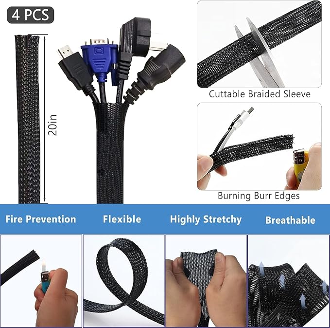 ELII 300PCS Cable Management Kit, 4 Cable Sleeve 35 Cable Clips - Image 2