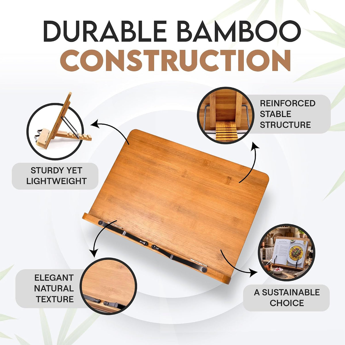 Bamboo Cookbook Stand Large, Adjustable Book Holder Tray and Page Paper Clips...