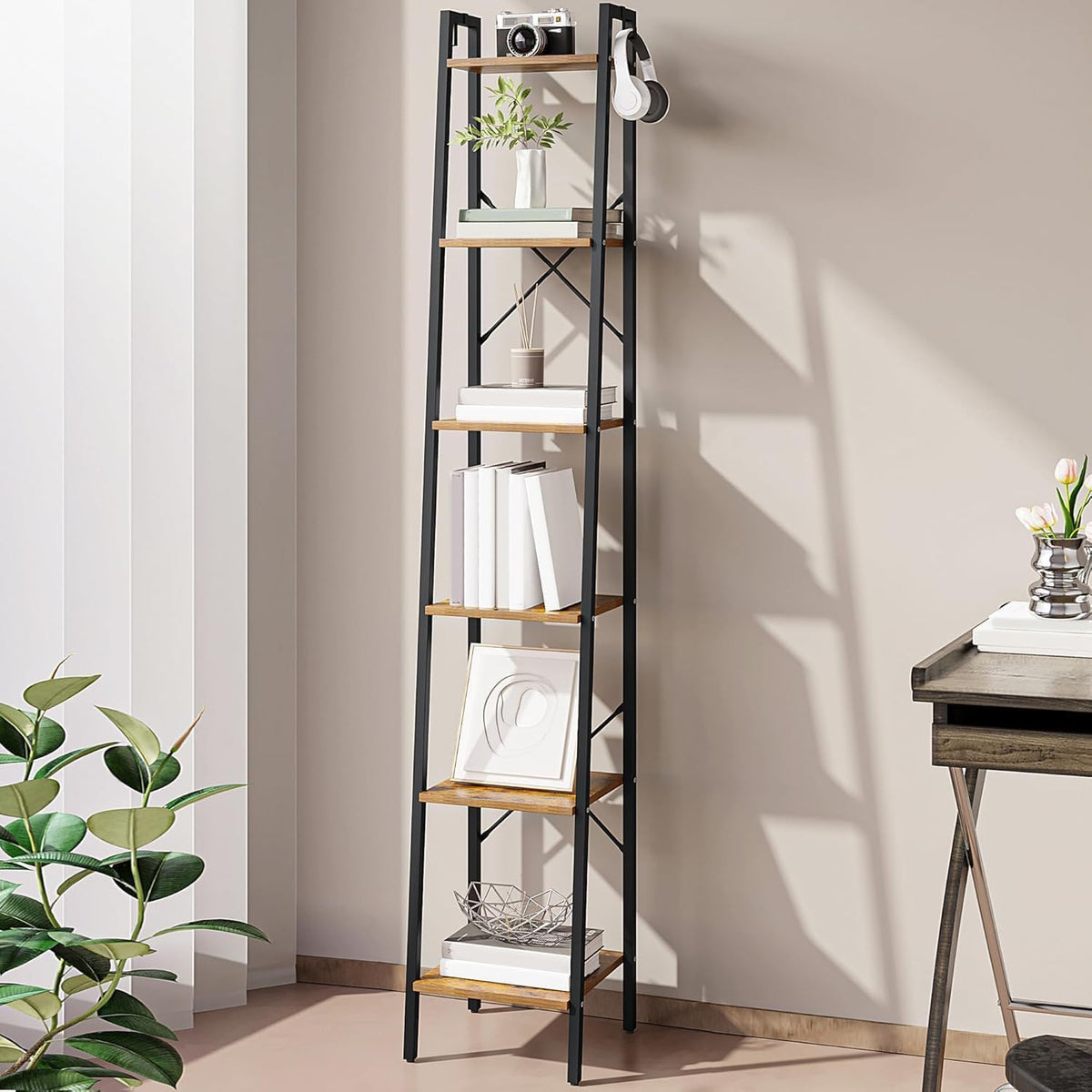 Hzuaneri Ladder Shelf, Bookshelf Bookcase, Freestanding Corner Storage Shelve
